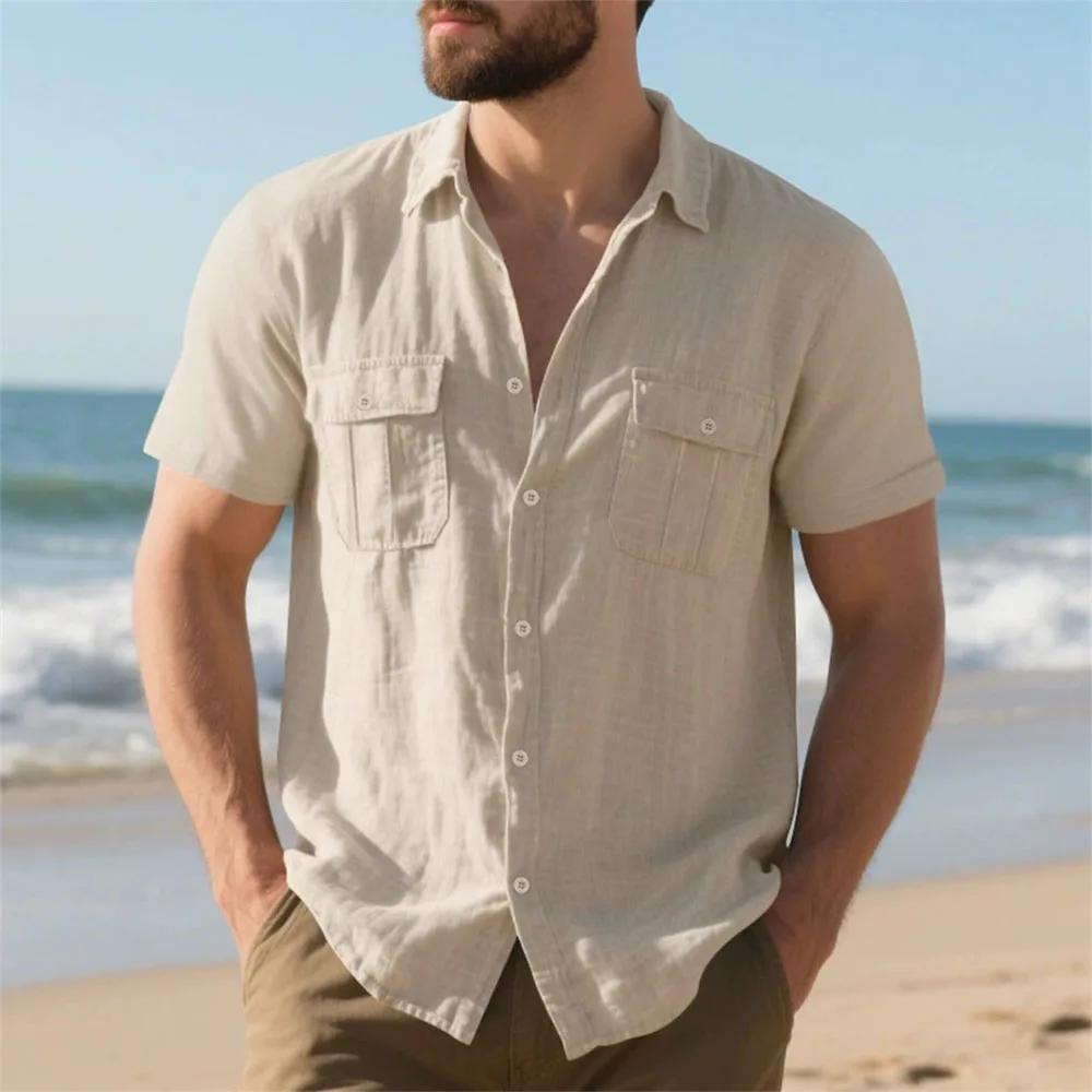 Chemise d'été à manches courtes en coton et lin pour hommes, Double poche, couleur unie, chemises Ca