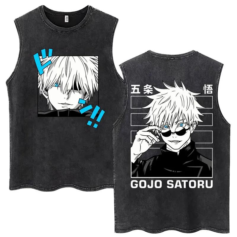 Anime Jujutsu Kaisen Satoru Gojo Vintage lavage débardeurs hommes femmes classique Manga coton T-Shi