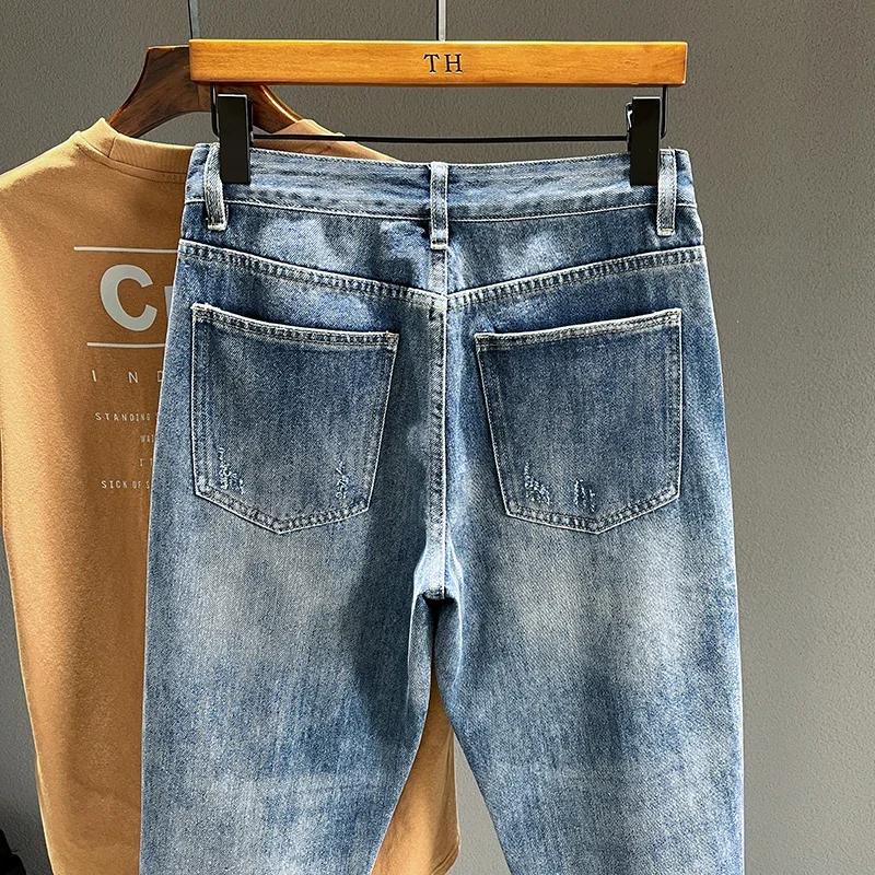 Jean Déchiré à Trous Coniques pour Homme, Denim Effiloché, Vintage, Décontracté, Bleu, Nouvelle Coll