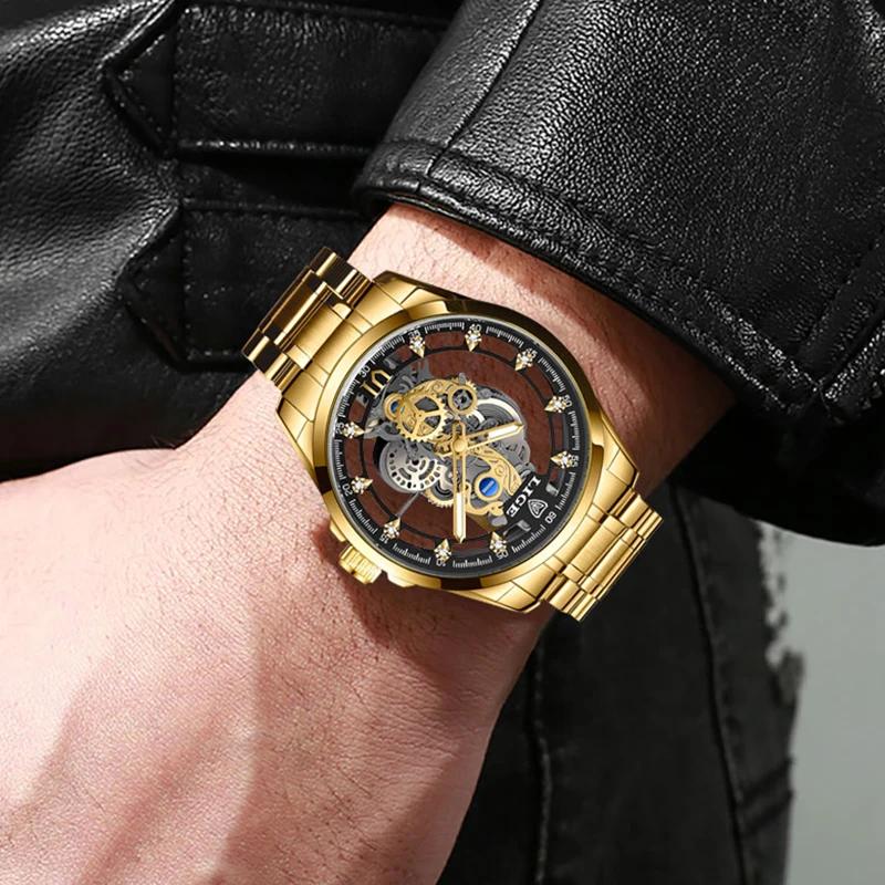 LIGE – montre à Quartz automatique pour hommes, squelette doré, Vintage, marque de luxe, 2026