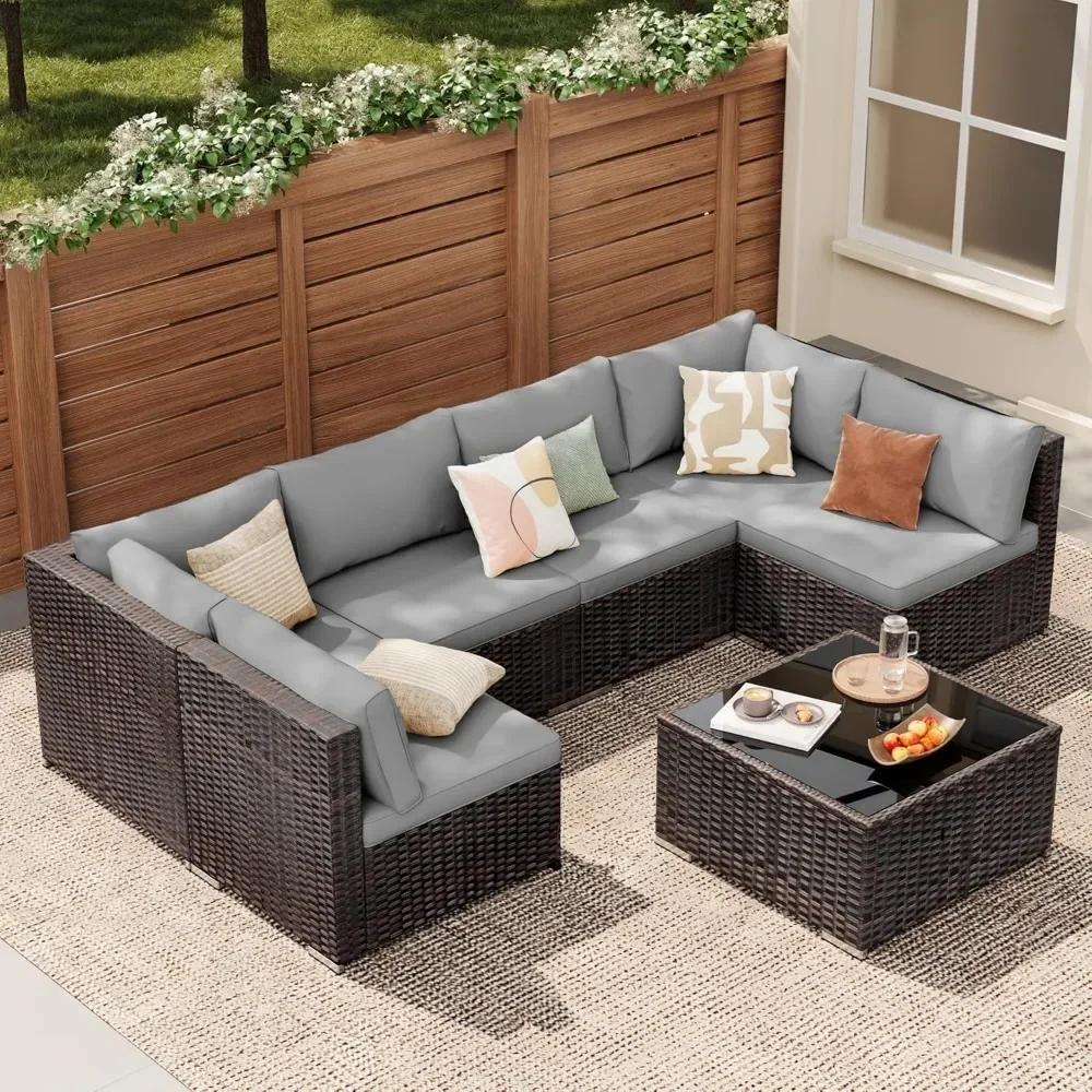 Ensemble de meubles de patio extérieur 7 pièces, ensemble de canapé sectionnel d'extérieur en rotin 