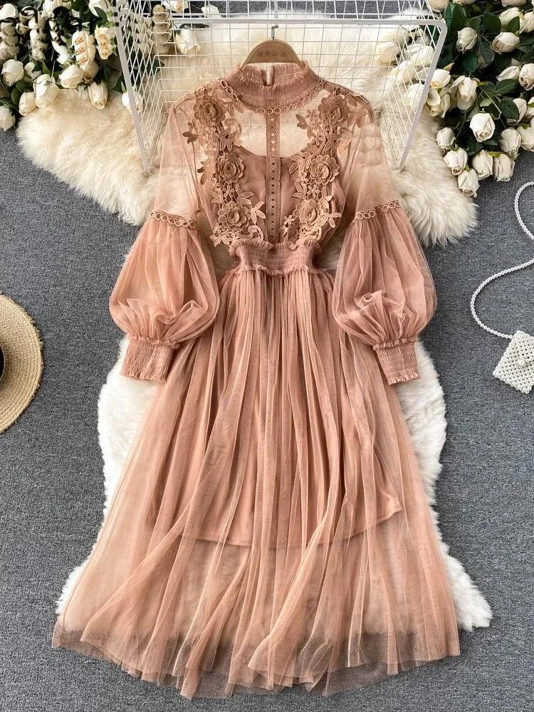 Robe tridimensionnelle pour femmes, crochet à fleurs, maille, tempérament, col montant, manches lant