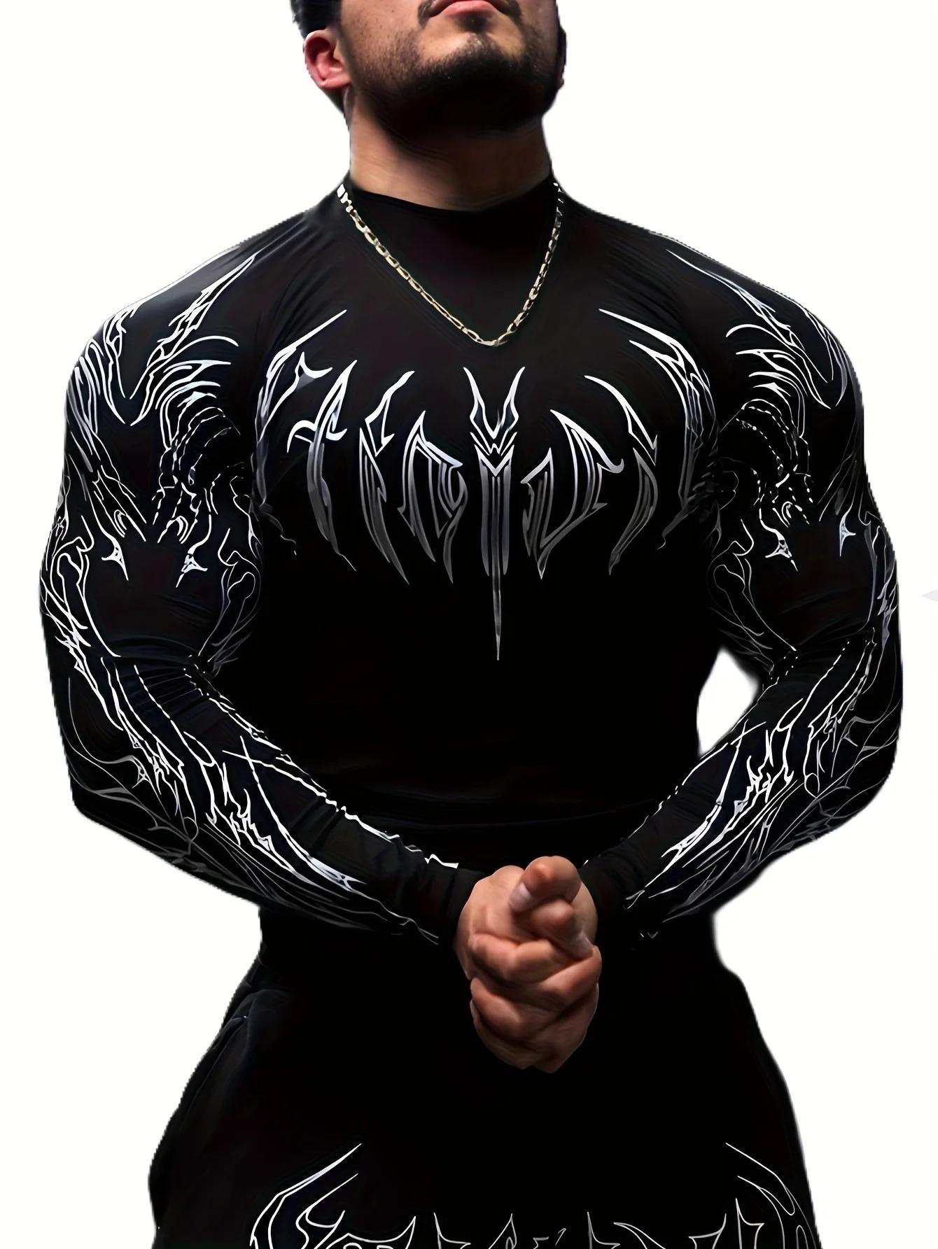 T-shirt de fitness à manches longues pour homme, coupe ajustée, imprimé géométrique, col montant, id