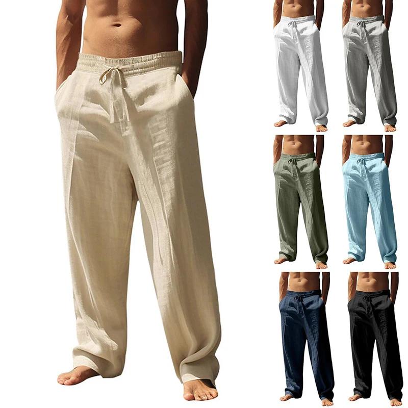 Pantalons de sport et de yoga pour hommes, printemps-automne, en tissu mélangé coton et lin, coupe a