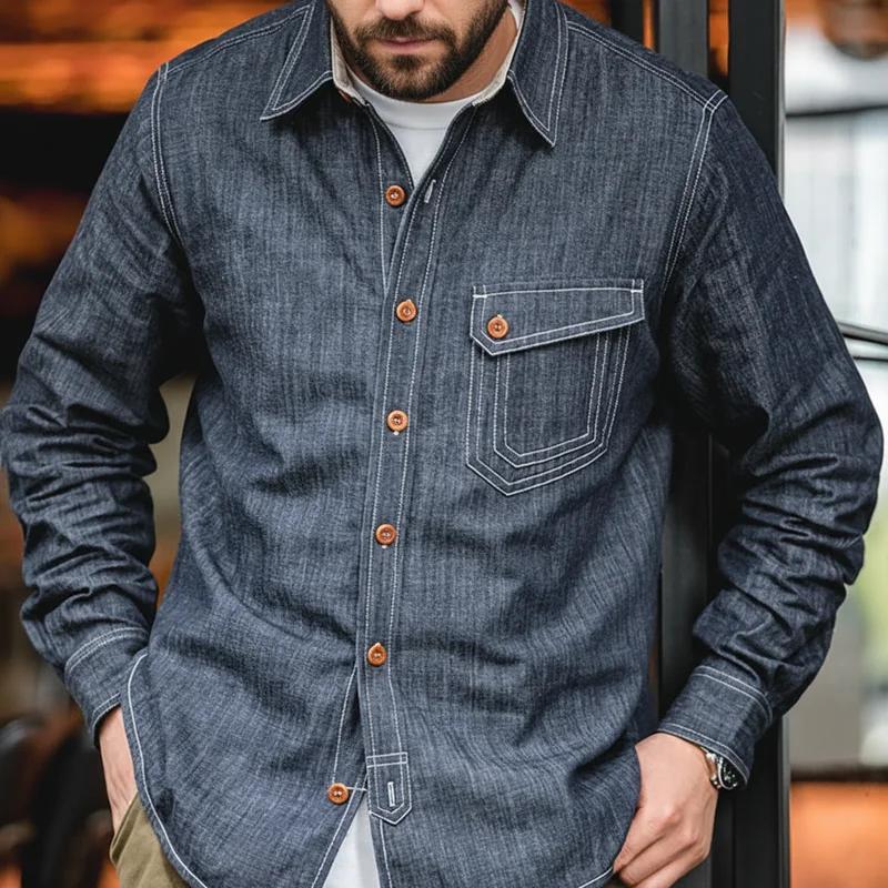 Maden Chemise en denim rétro, fine et à manches longues, avec col à revers et détails en couture. En