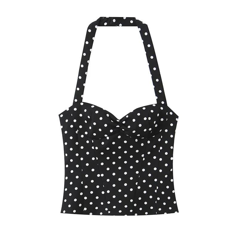 Haut pour femme, nouveau style été 2026, couleur unie, décor à pois, col halter, haut sexy, style va