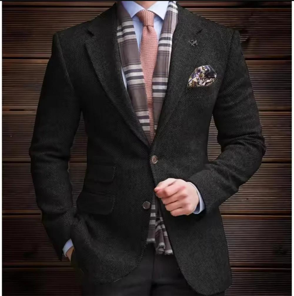 Blazer vintage sur mesure pour homme, veste en tweed à chevrons, mélange de laine, simple boutonnage
