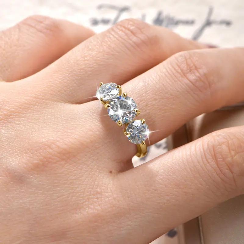 Lnngy – bague de fiançailles ronde en Moissanite pour femmes, 8mm et 6.5mm, en or 14K, trois pierres