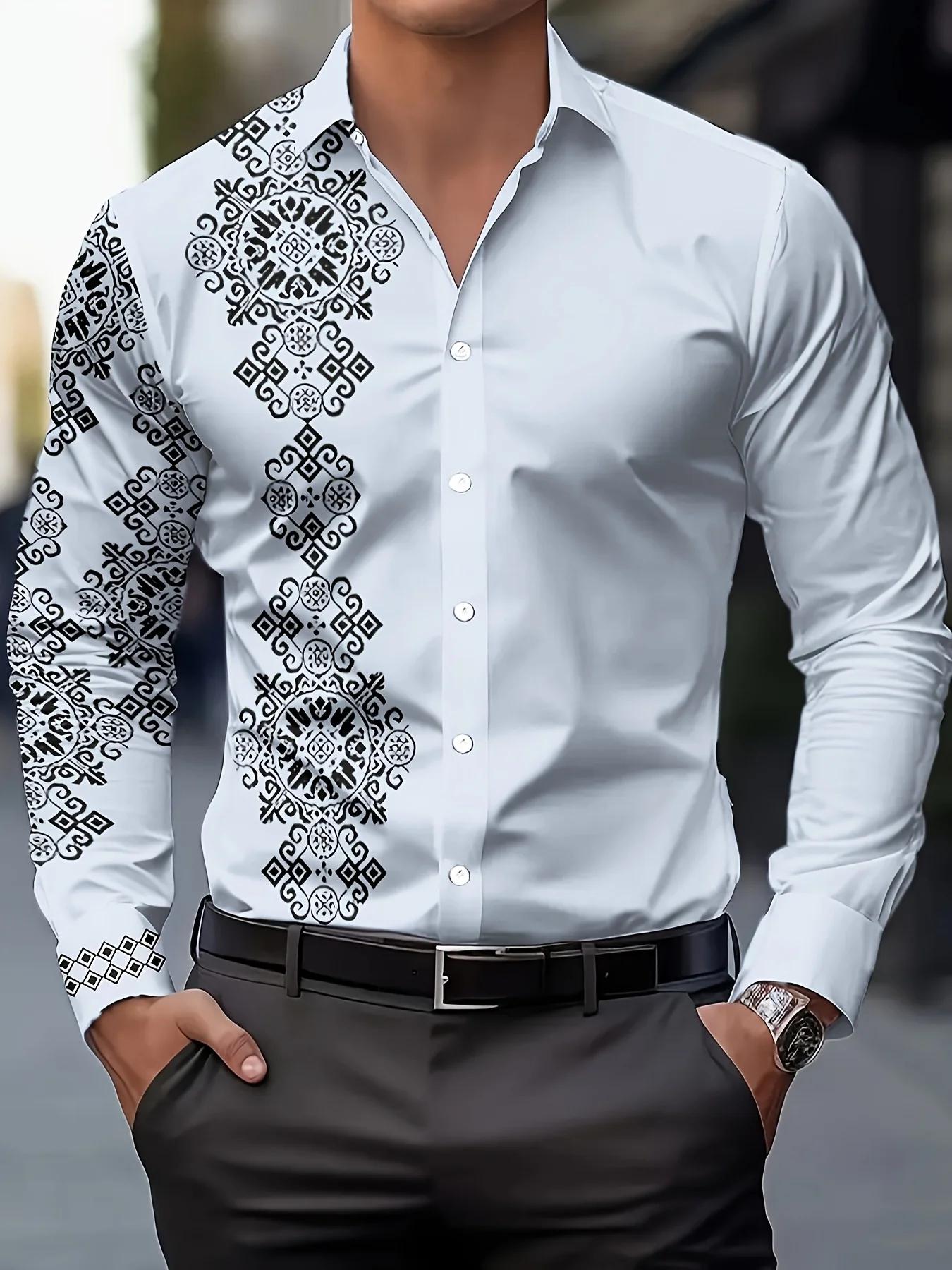 Chemise à manches longues pour hommes, imprimé géométrique, en Polyester respirant, décontracté, rev
