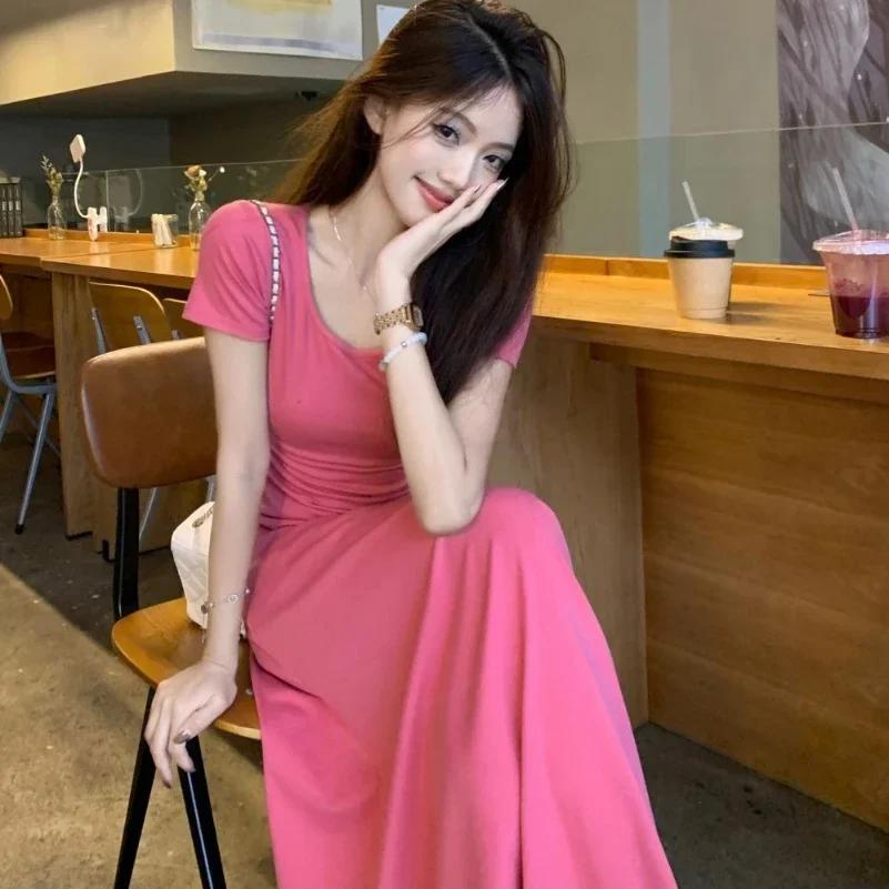 ZMZBCH nouvelle robe coréenne à manches courtes pour femmes, couleur unie, pour l'été, effet amincis