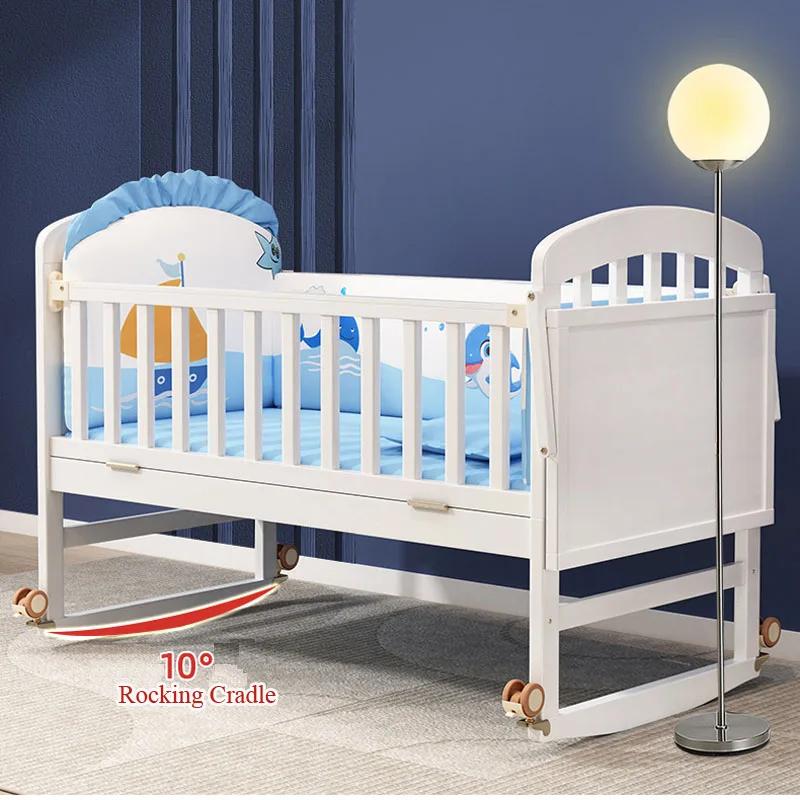 Ensemble complet de berceau de bébé en bois blanc : comprend moustiquaire, literie et matelas en lat