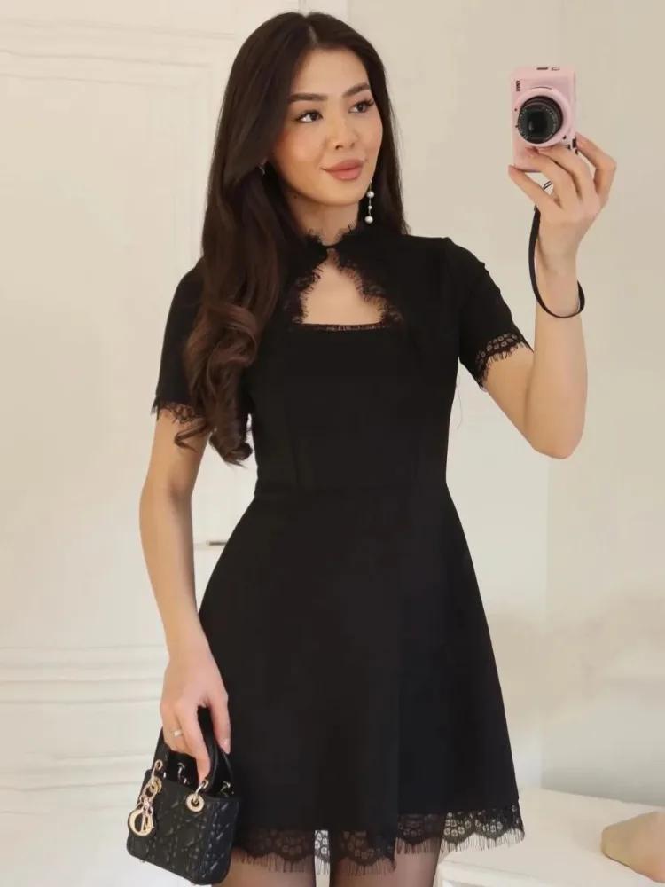 Tossy noir dentelle évider Mini robe femme Patchwork à manches courtes Sexy taille haute robe de soi