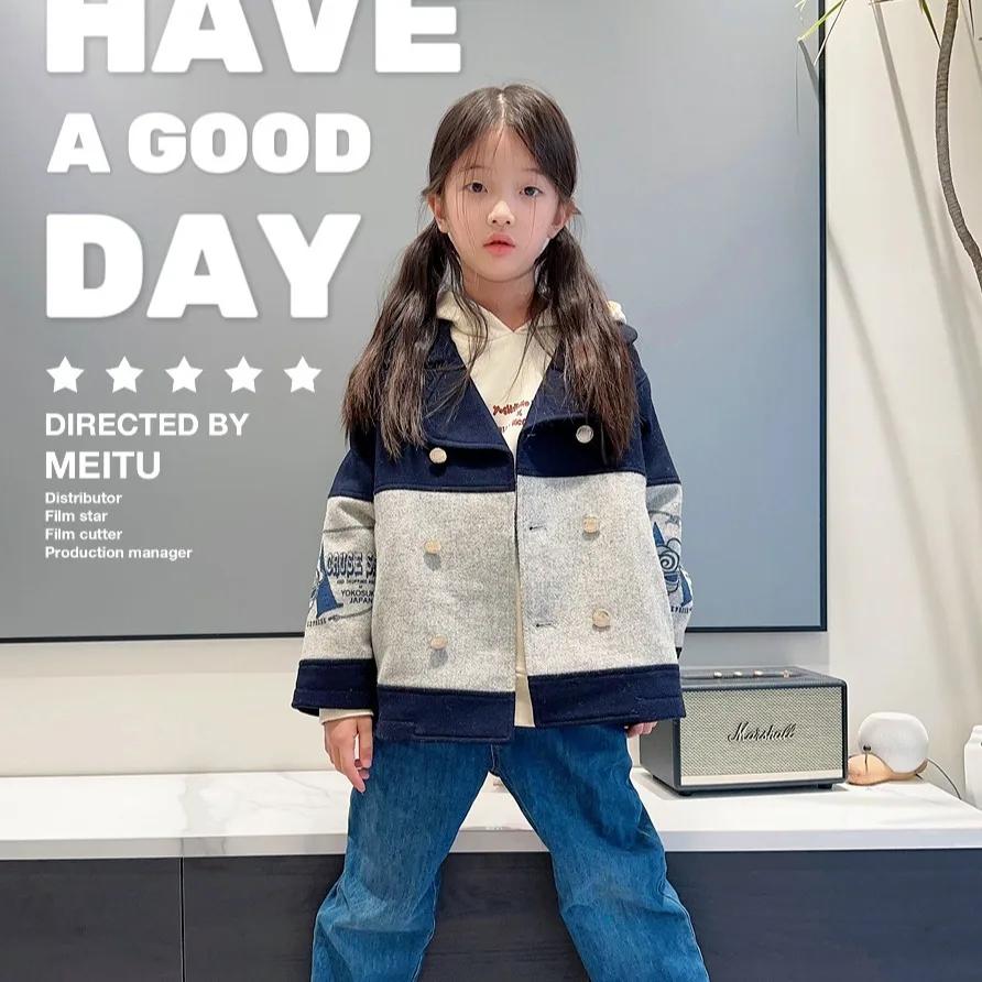 Manteau pour filles 2025 hiver nouveau gris épissage à la mode épaissi manteau de laine pour enfants