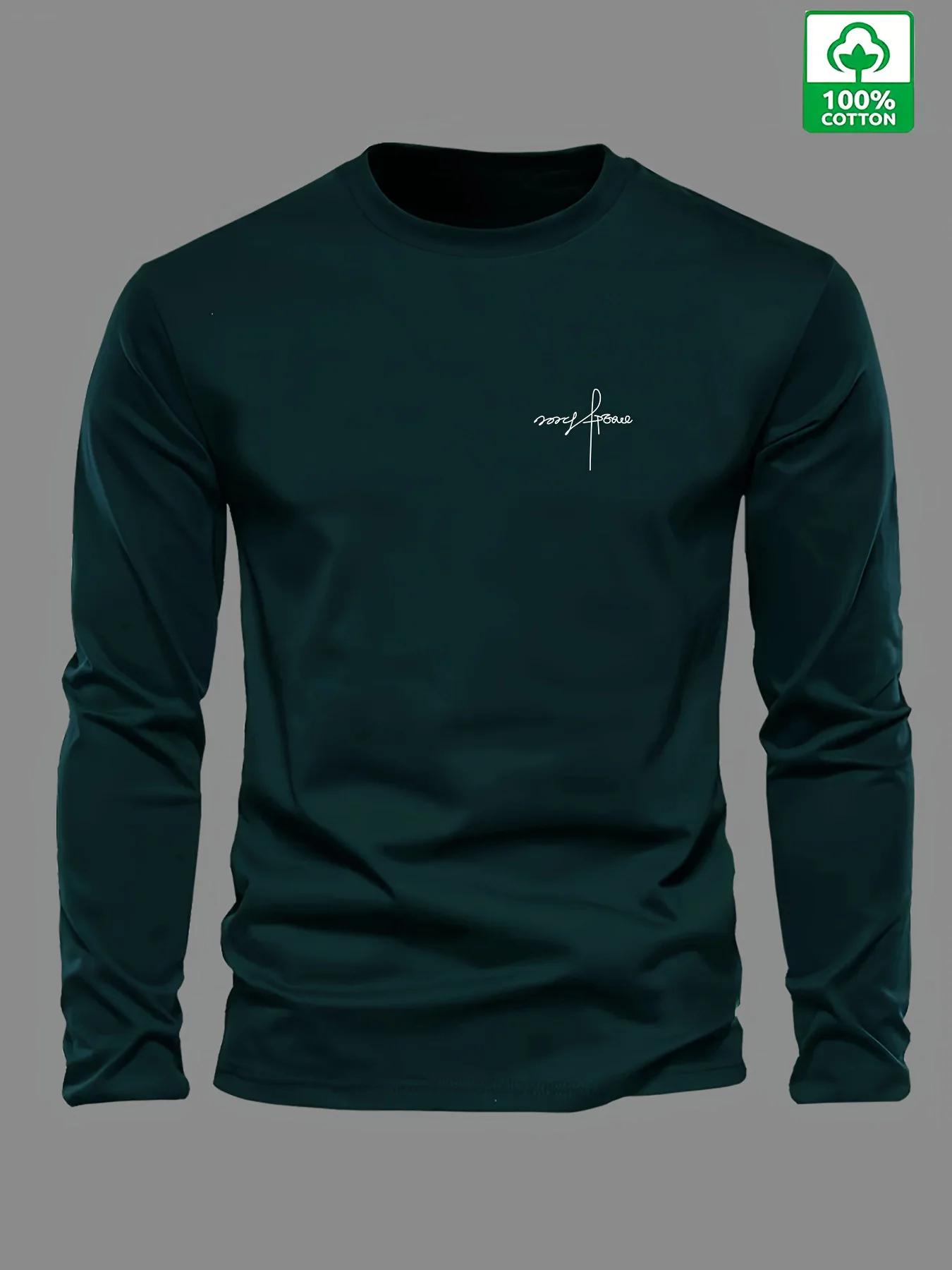T-shirt à manches longues et col rond pour hommes, 100% pur coton, ample et confortable, sport et lo
