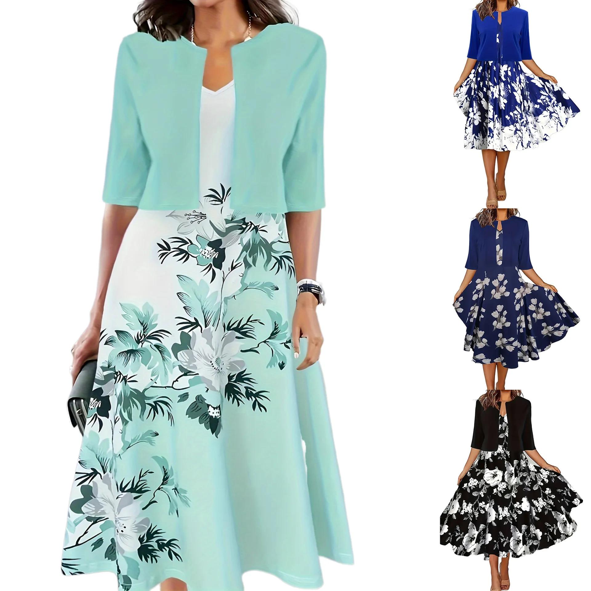 Robe longue pour femmes, ensemble deux pièces imprimé floral, col rond, manteau, Europe et états-uni