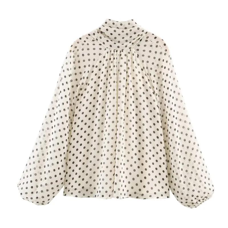 Femmes à pois imprimé Blouse décontracté col haut à manches longues dame haut Simple femmes Blouse f