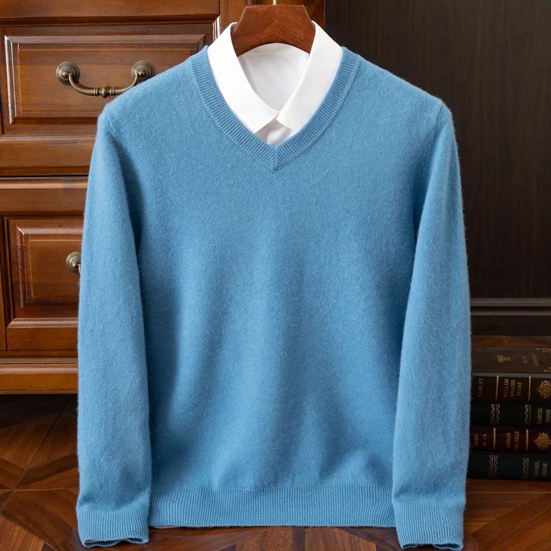 2025 hommes 100% laine mérinos cachemire col en v pull pull intelligent décontracté basique à manche
