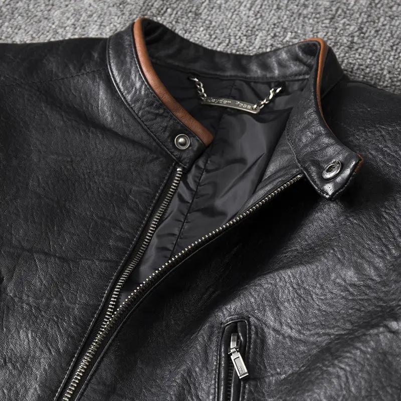 Veste de moto en cuir véritable pour hommes, manteau en peau de mouton, style court, printemps et au