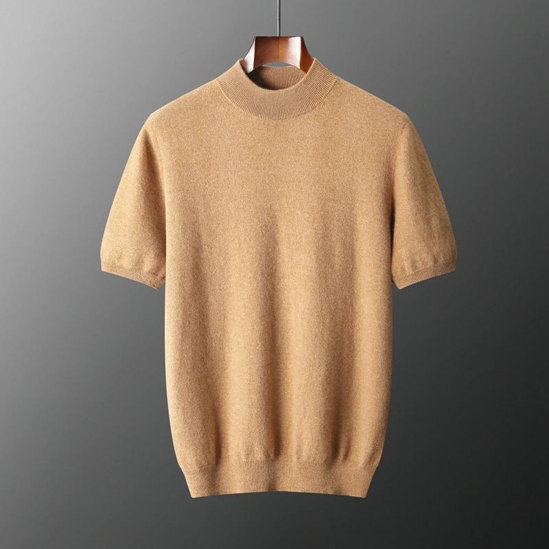 Pull à manches courtes en cachemire pur pour hommes, pull en tricot décontracté, ample, col semi-hau