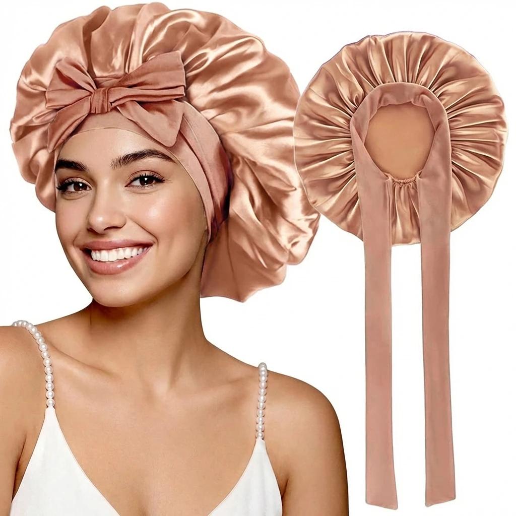 Bonnet de nuit en satin pour femmes, confortable, respirant, doux, pour cheveux bouclés, avec large 