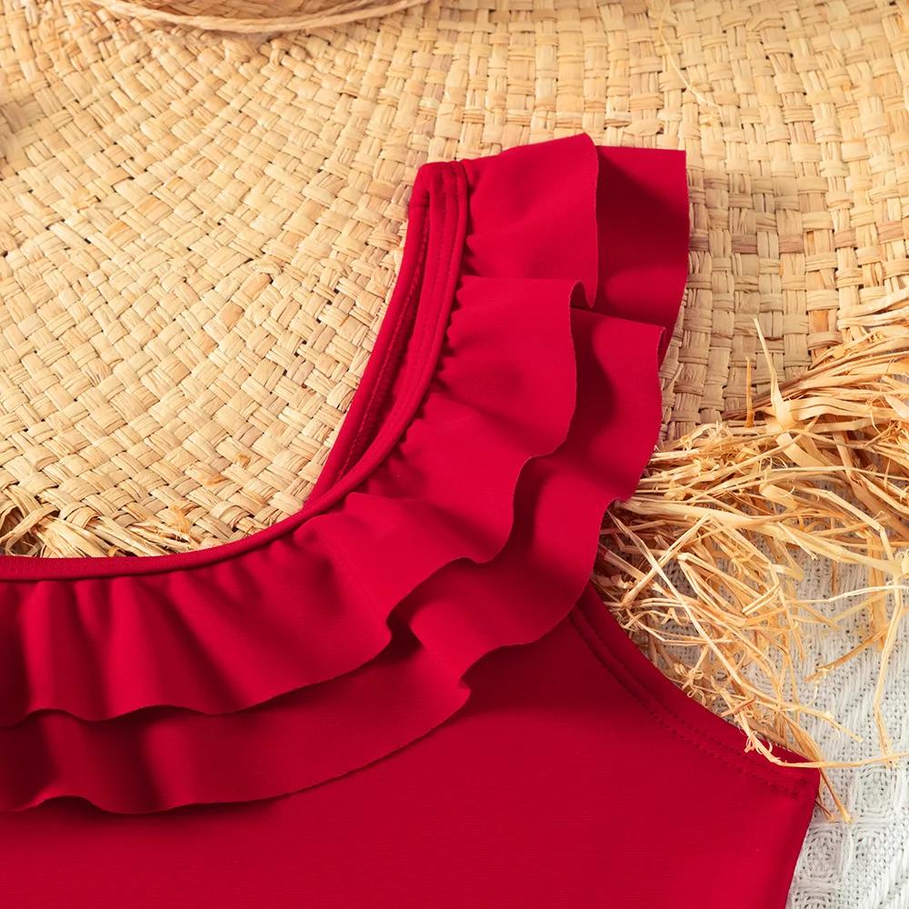 Maillot de bain rouge rétro pour adolescentes, ensemble une pièce à volants, vêtements de plage pour