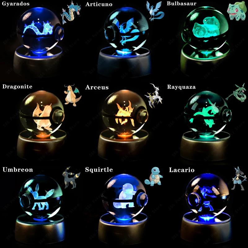 Boule de cristal Pokémon 3D Pikachu Mewtwo Gengar Pokeball Lampe de nuit 3D en verre Statue de crist