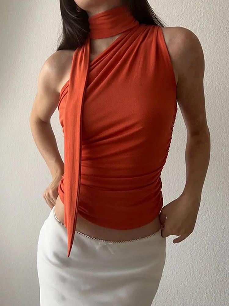 Débardeur dos nu Sexy pour femmes, épaules dénudées, col licou, Vintage, sans manches, haut court, v