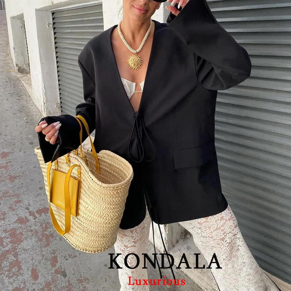 KONDALA décontracté surdimensionné noir Blazer femmes col en V nœud papillon poches vestes amples mo