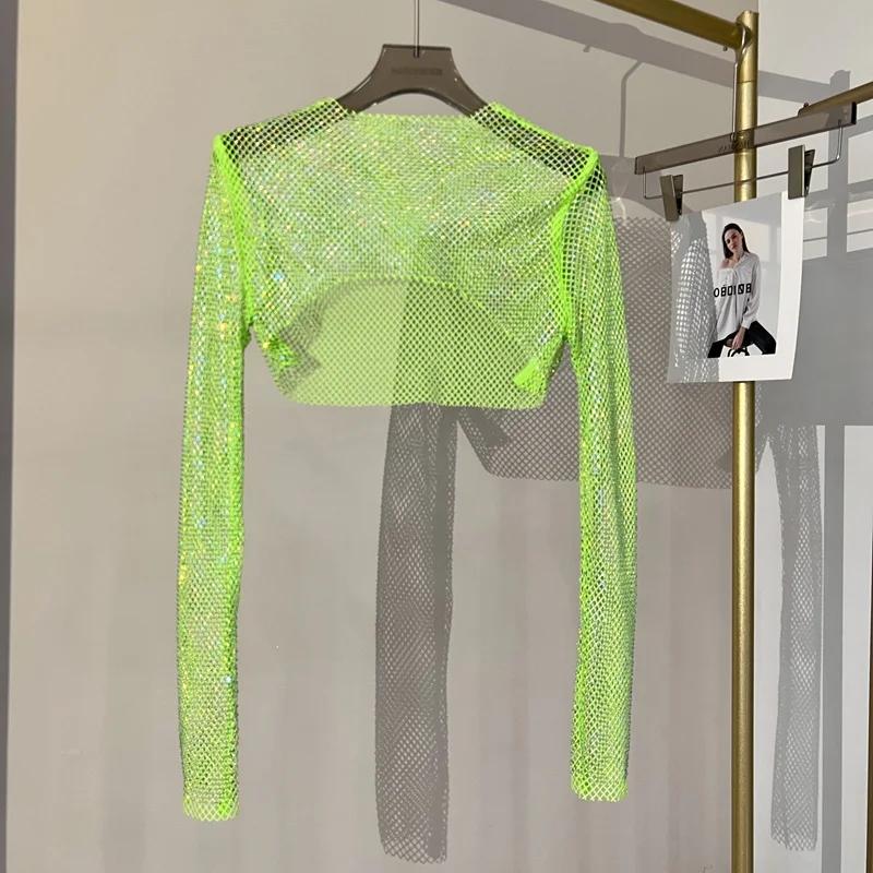 2023 nouveau sexy diamant brillant haut court mince mince mme perceuse chaude à manches longues T-sh
