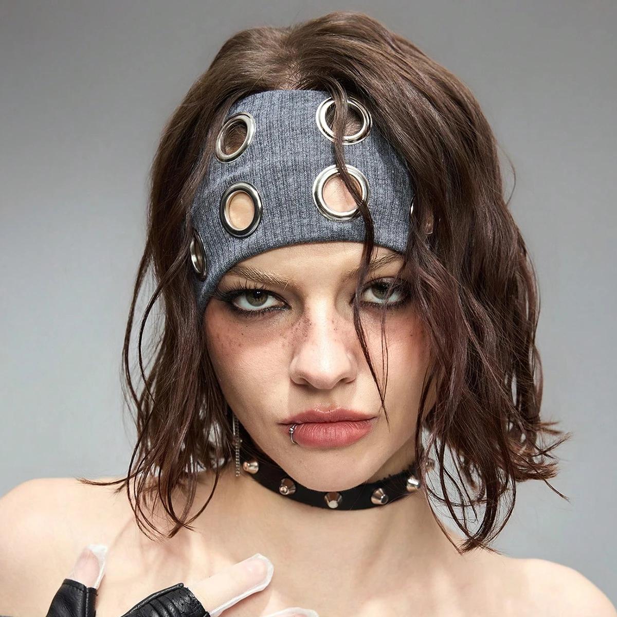 AWAYTR Punk fille tissu creux élastique bandeaux métal Rock personnalisé creux oeillets bandeau de c