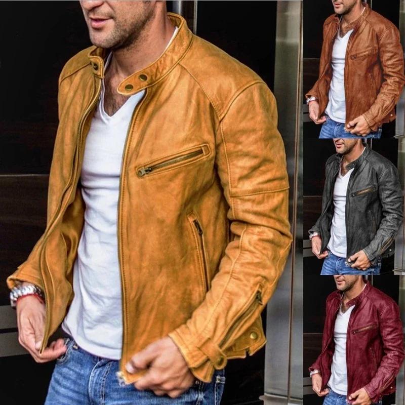 YASUGUOJI Nouvelle Veste en Cuir pour Homme 2026, Blouson Moto Rouge Tendance en Cuir PU avec Col Mo