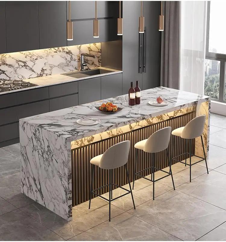 Table de salle à manger îlot en marbre naturel de luxe sur mesure toutes tailles, bar à thé intégré,