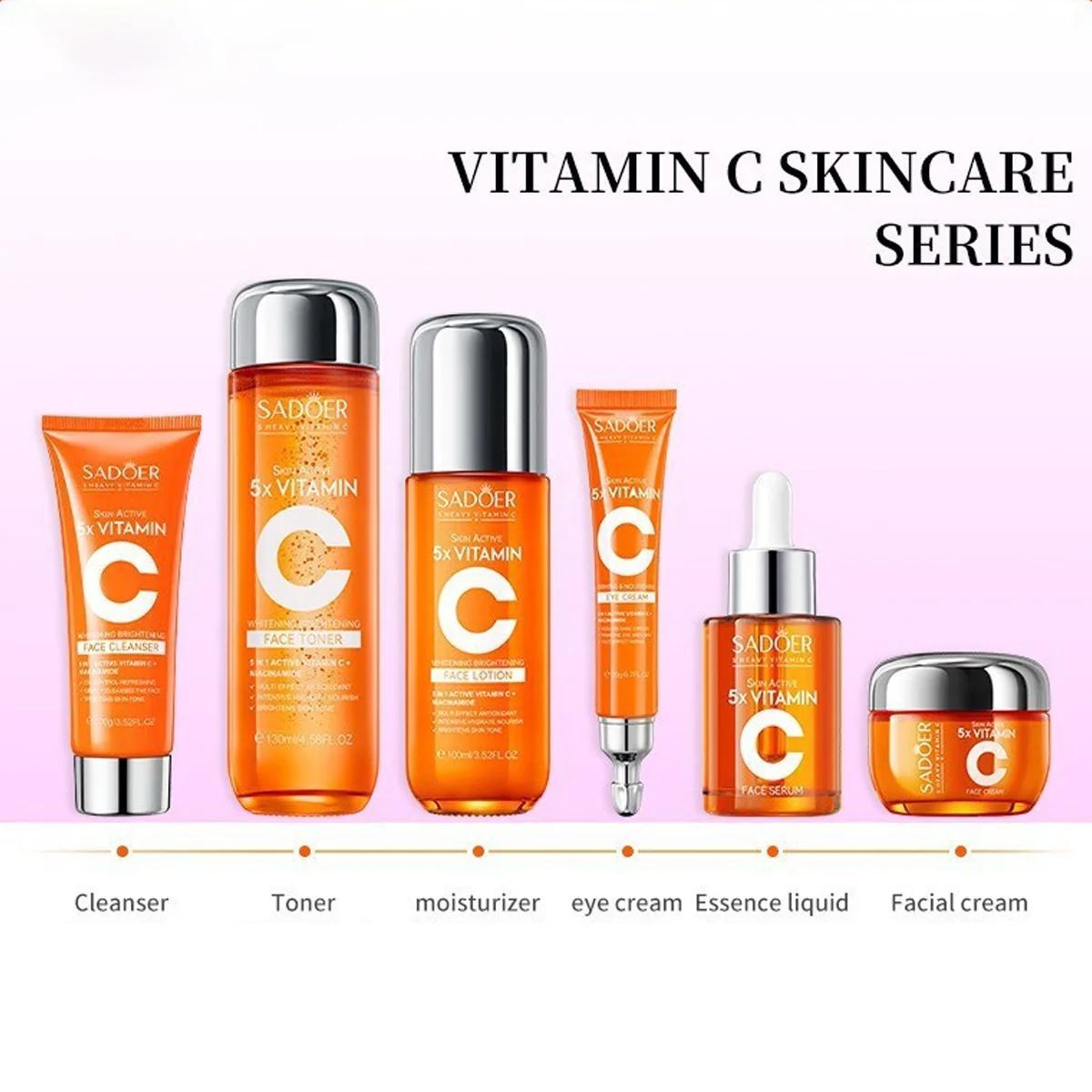 Coffret cadeau de 6 pièces pour soins de la peau à la vitamine C, blanchissant, éclaircissant, hydra