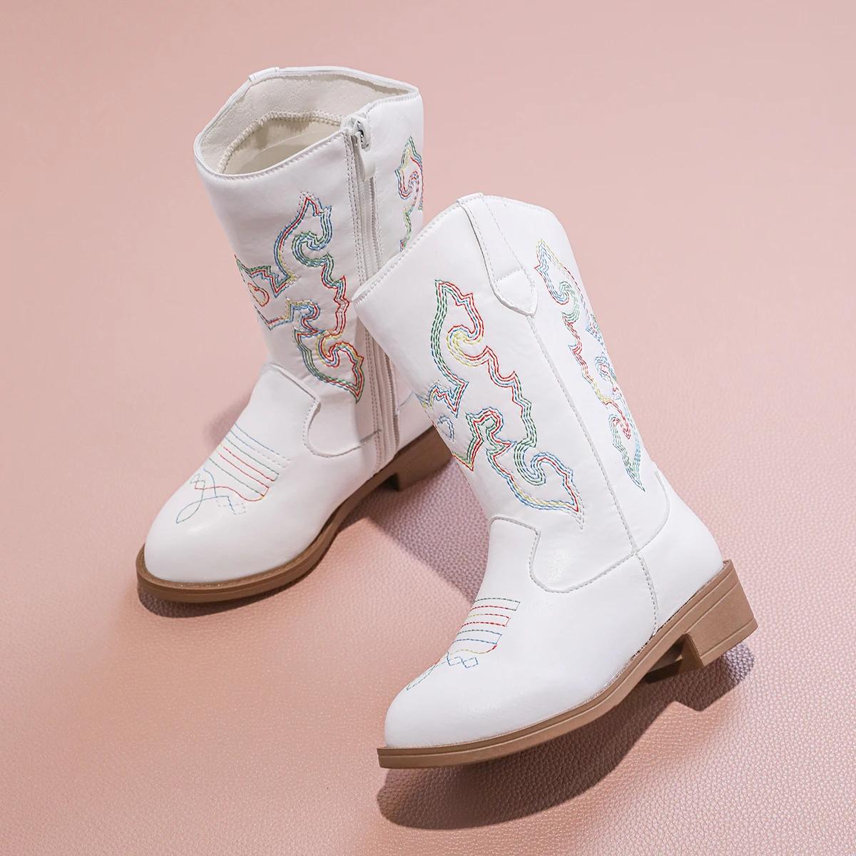 Bottines de Cowboy en PU pour filles, mi-mollet, antidérapantes, fermeture éclair latérale, simples,