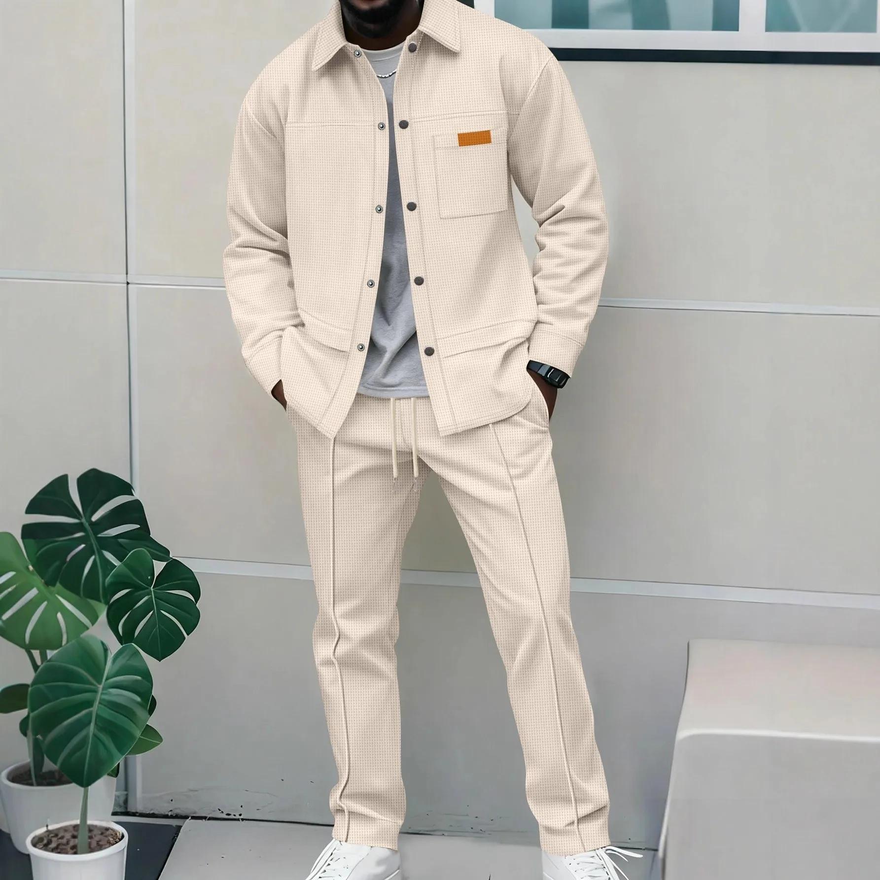 Ensemble veste et pantalon décontracté pour homme, nouveau style 2026, en tissu gaufré uni, avec col