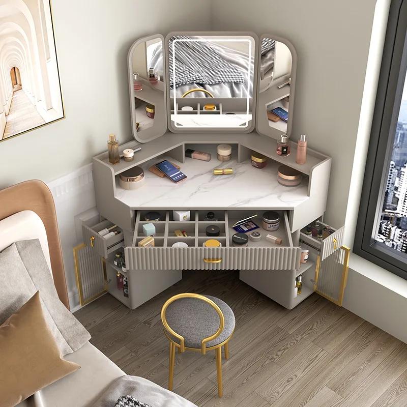 Tables de maquillage de luxe en bois massif, coin de table en élasthanne, rangement triangulaire mod