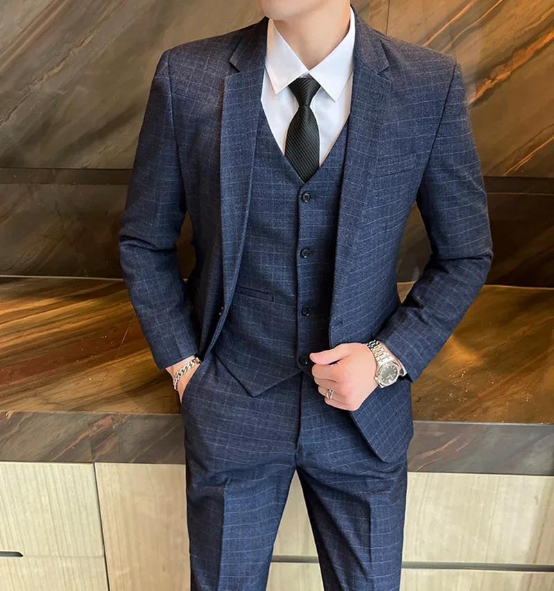 Costumes (blazer + gilet + pantalon) hommes mode affaires décontracté hôtes coupe ajustée Gentleman 