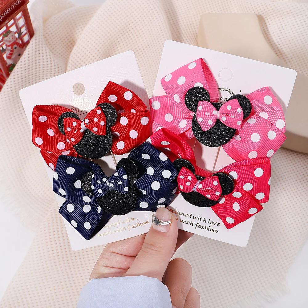 Pinces à cheveux avec nœud à pois pour filles, 2 pièces/ensemble, épingles à cheveux de dessin animé