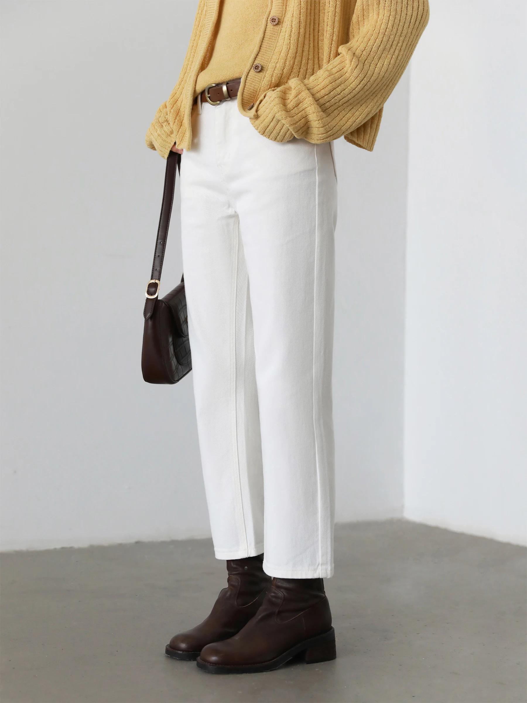 CHIC VEN femmes pantalon blanc mince taille haute coton jambe droite décontracté jambe mince jean fi