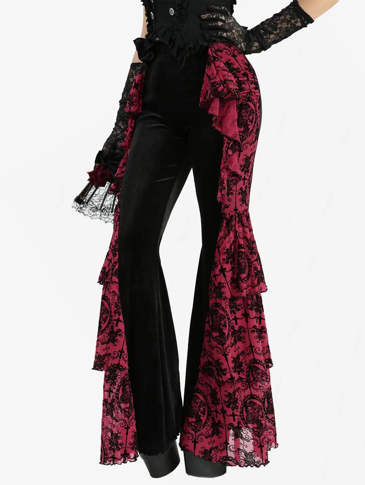 S-3XL gothique femmes Flare pantalon fleur croix flocage volants Patchwork velours bas 2026 nouveau 