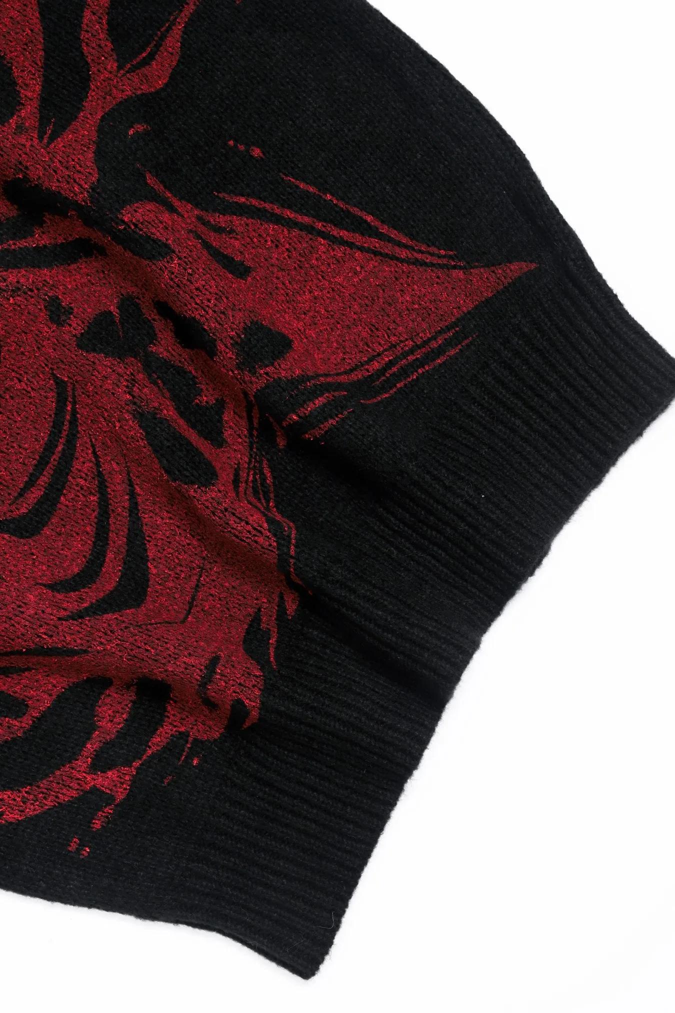 Pull en tricot graphique noir et rouge pour hommes, col rond, surdimensionné, décontracté, manches l