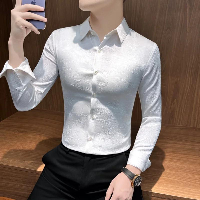 Chemise Jacquard papillon à manches longues pour hommes, tenue d'affaires décontractée, Slim Fit, St