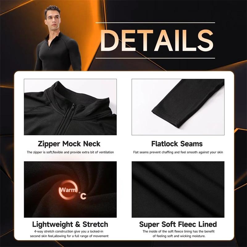 Chemises de compression thermique à fermeture éclair pour hommes, couche de base athlétique doublée 