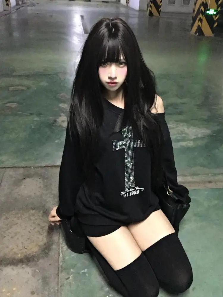 Sweat-shirt à capuche noir à manches longues pour femme, vêtement Harajuku Grunge des années 2000, a