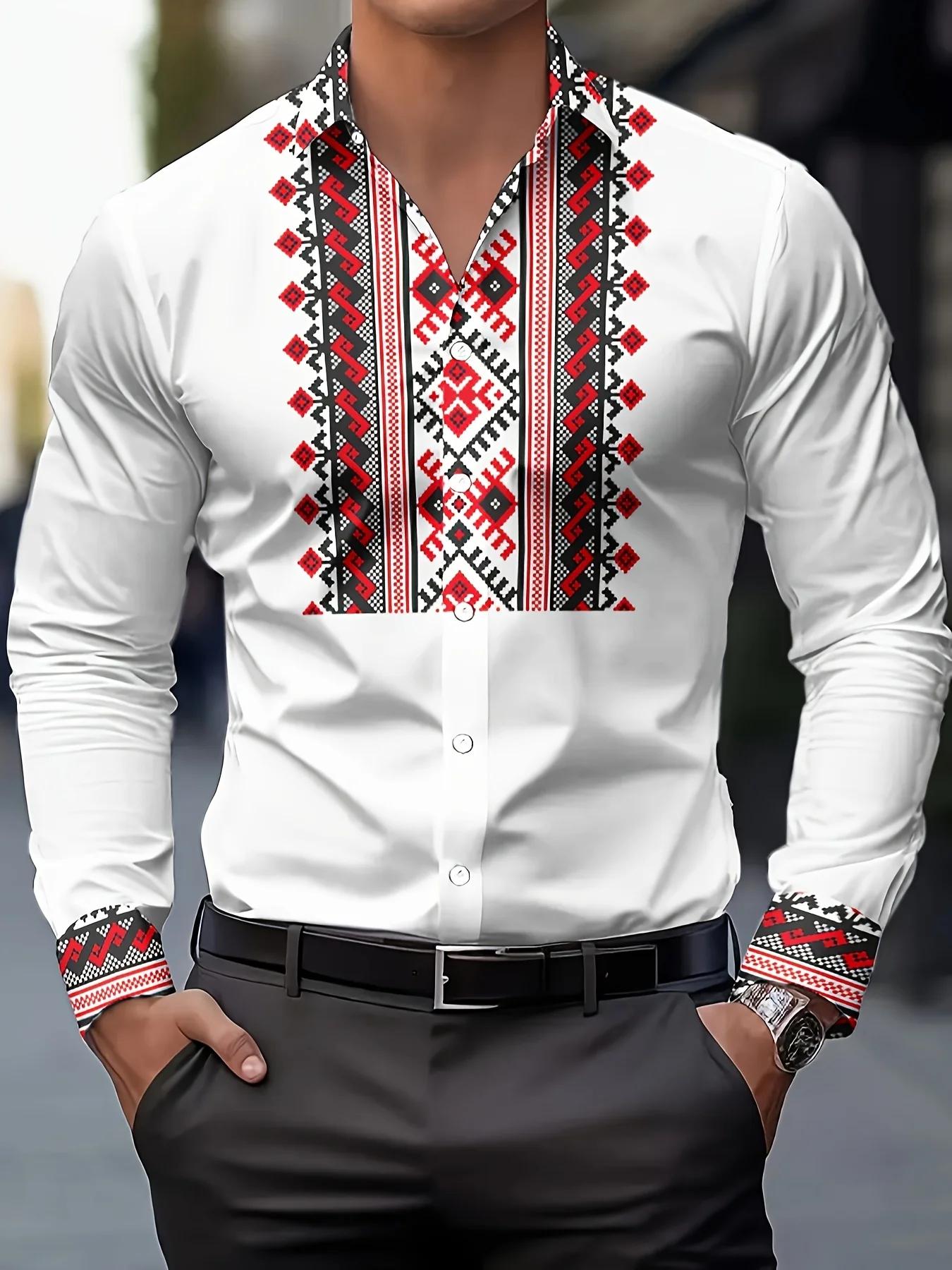 Chemise à manches longues pour hommes, imprimé géométrique, en Polyester respirant, décontracté, rev