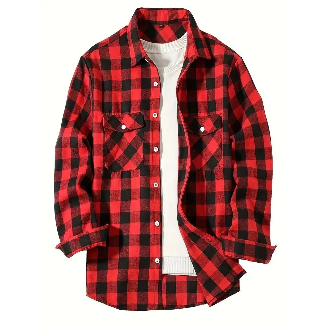 Chemise à carreaux décontractée à simple boutonnage pour hommes, chemise à manches longues, double p