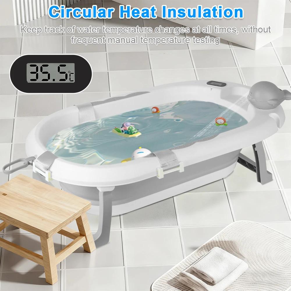 Baignoire Pliable Bébé avec Support en Acier, Thermomètre Intégré, Chapeau, Coussin Ergonomique et T