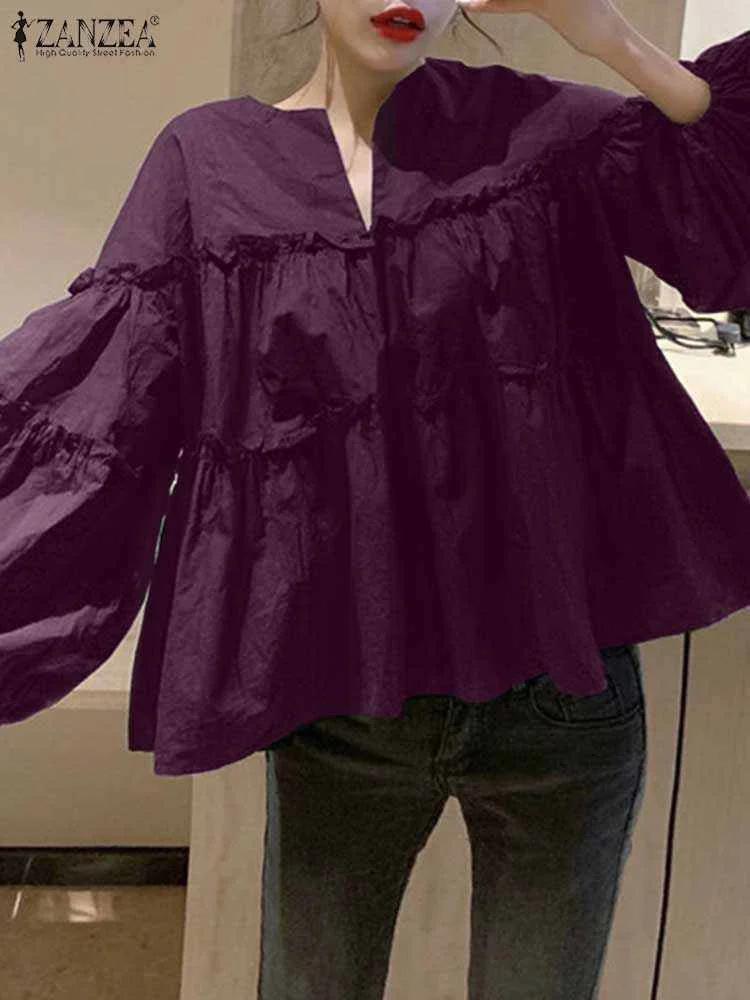 ZANZEA mode femmes à manches longues bouffantes Blouse automne printemps Eelgant chemise volants Blu