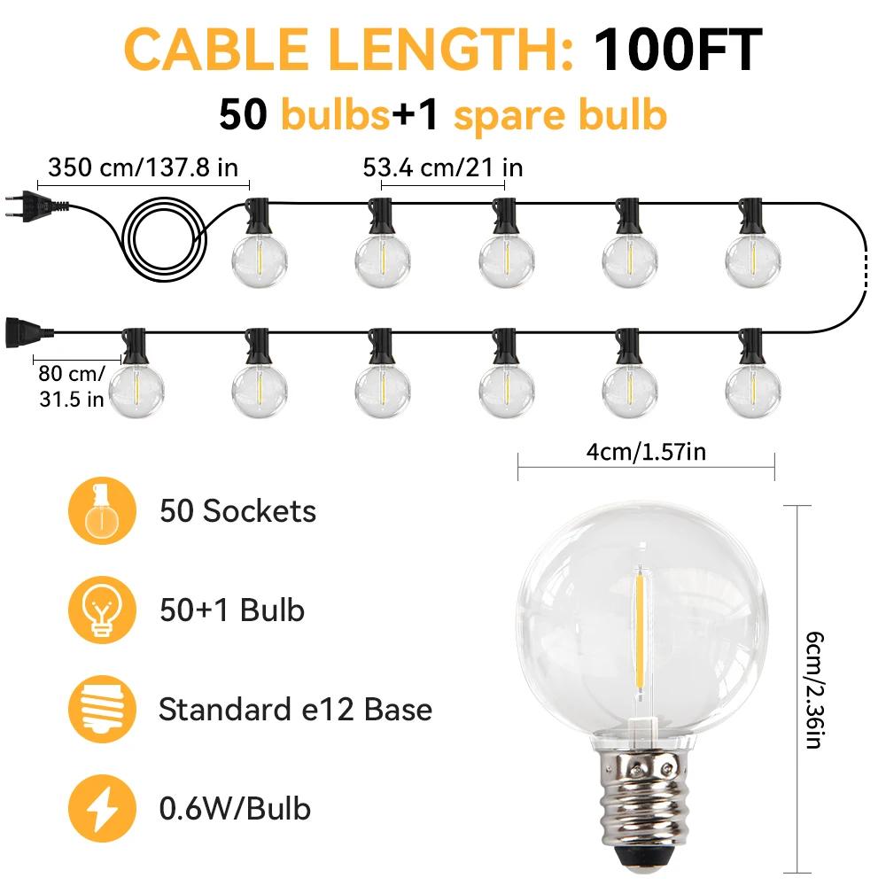Guirlande lumineuse féerique LED 30M, pour fête d'anniversaire en plein air, G40, Patio, jardin, cha