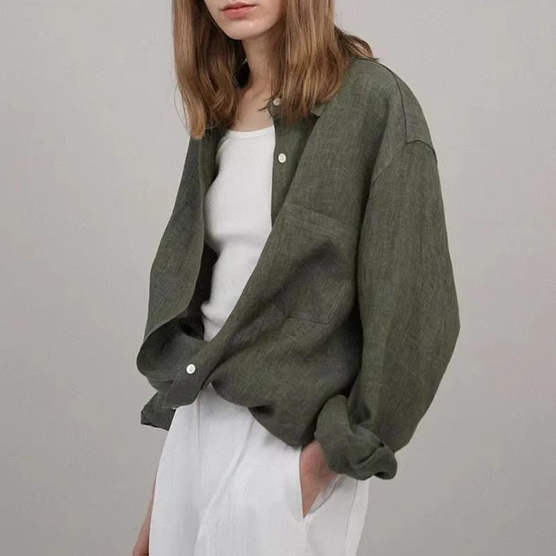 Chemisier surdimensionné à col rabattu pour femme, chemise décontractée en lin, manches longues, élé
